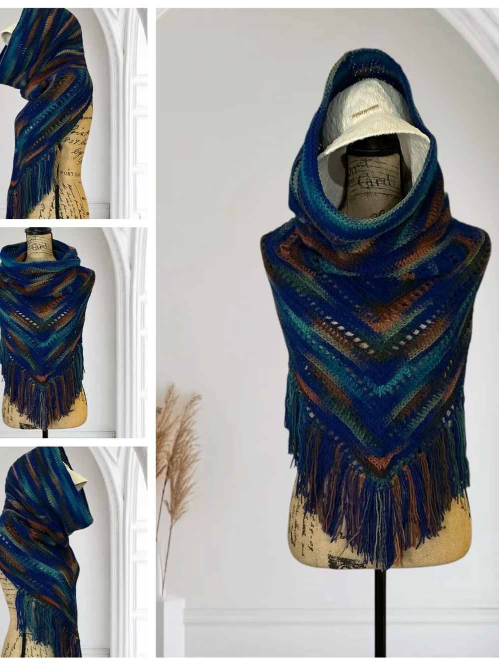 Hand Crafted Crochet Hooded Cowl Scarf With Fringe One Size Adult